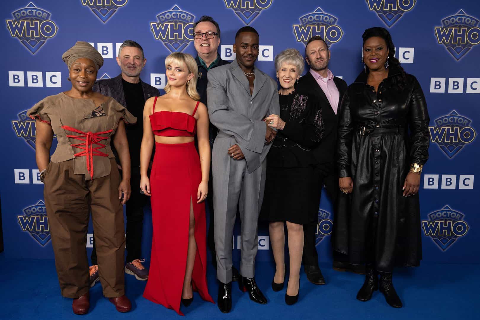 L-R: Angela Wynter, Joel Collins, Millie Gibson, Russell T Davies, Ncuti Gatwa, Anita Dobson, Philip Collinson and Michelle Greenidge. 