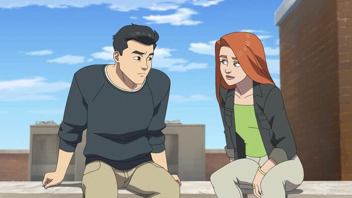 Steven Yeun (Mark Grayson), Gillian Jacobs (Atom Eve). (Pic: Prime Video).