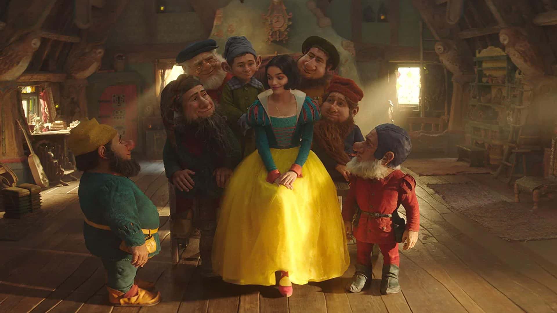 Snow White surrounded by the seven dwarves