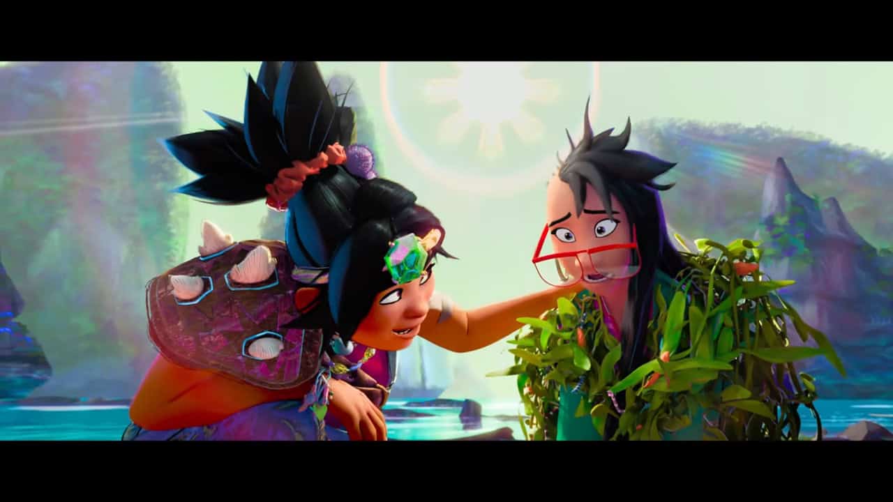 two girls sit on a beach with an ocean cove in the background. they are both disheveled, one wearing a strange assortment of normal 90s streetwear and fantasy armor and the other draped in a large amount of seaweed