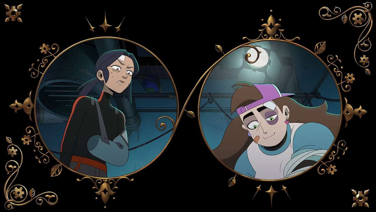 two golden circles are interconnected, within the left circle is a taller, brown-skinned woman with her arm in a cast and a bandage on her forehead. Framed in the other circle is the a shorter pale skinned woman with long brown hair wearing a cap backwards who has a black eye bending toward the viewer.