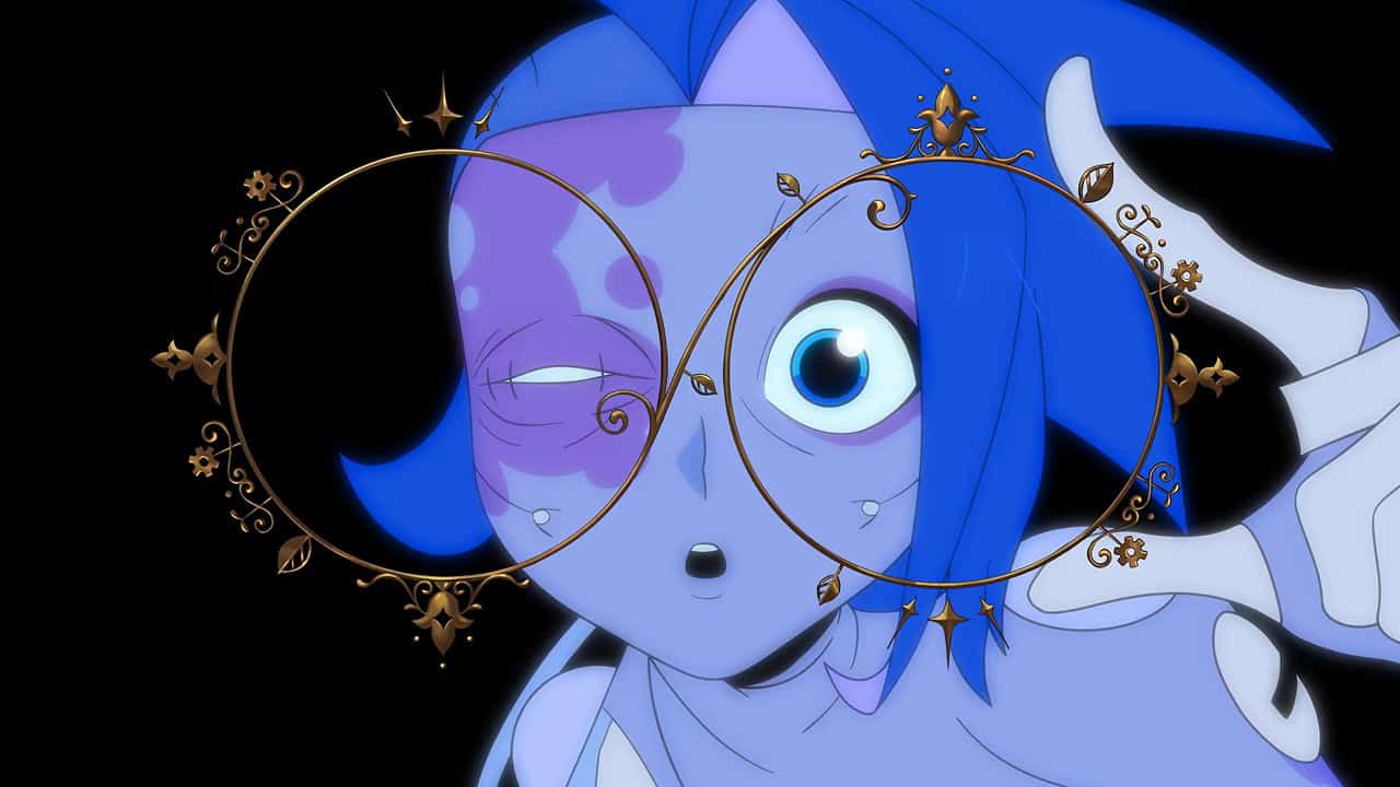 A gray-skinned android with her left eye damaged and a large patch of burned skin on that side of her face and the hair shaved on the left side of her head lean close to the screen reaching for an intricate pair of golden spectacles with a look of curiosity.